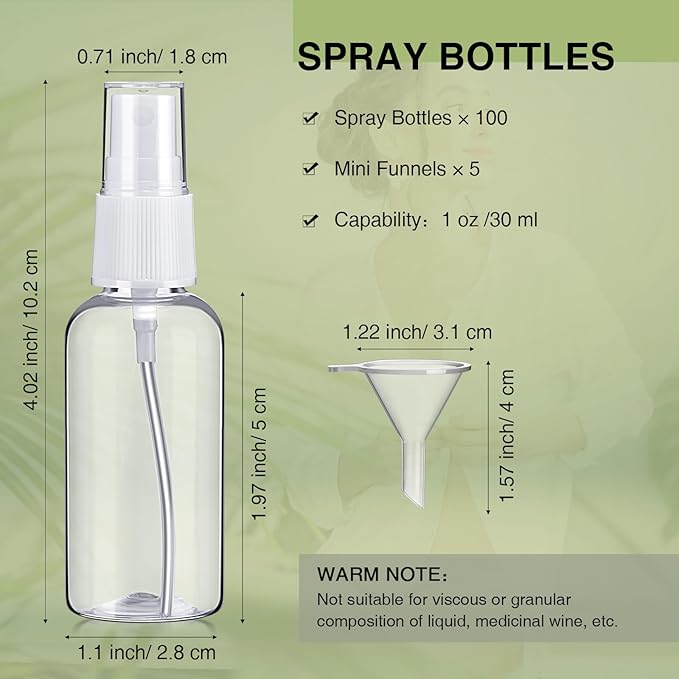 Uiifan 100 Pcs Mini Clear Spray Bottles 1 oz Small Empty Plastic Fine Mist Spray Bottles with Small Funnels for Essential Oils Travel Alcohol Perfumes
