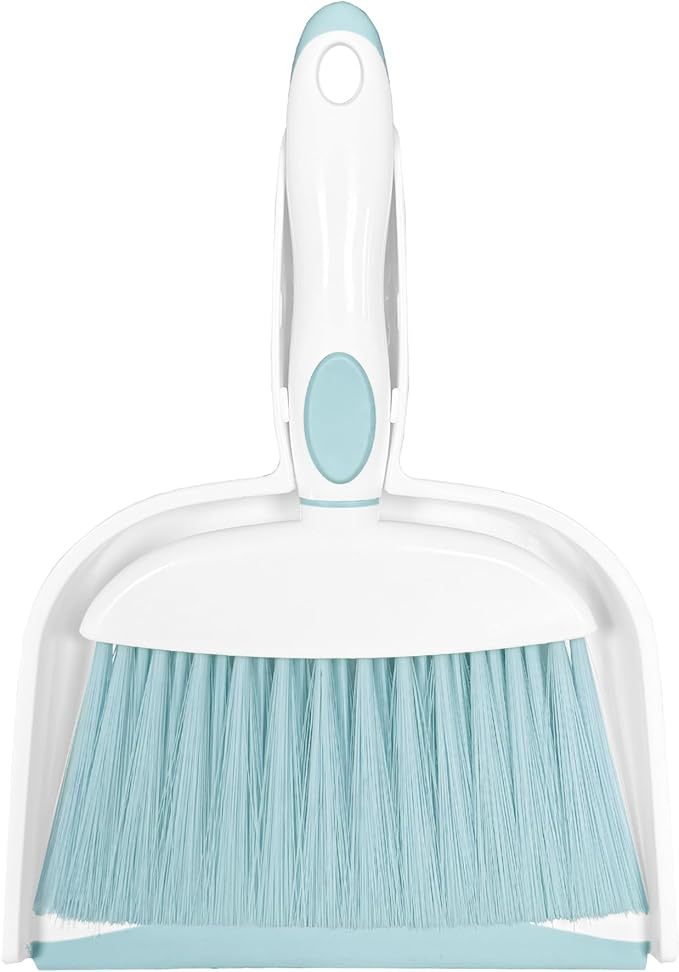 NBGYTECH Mini Broom and Dustpan Set Small Broom with Dustpan Combo Set Portable Cleaning Tools for Home Office RV Learning Camping (White+Blue)