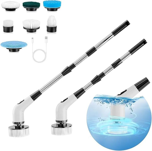 Electric Spin Scrubber, IP67 Waterproof Cordless Power Scrubber with Power LCD Display, 7 Replaceable Cleaning Brush Heads Dual Speed, Adjustable & Detachable Long Handle, Bathroom, Shower, Tub