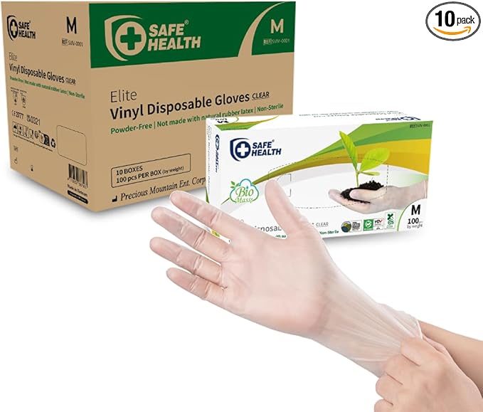 Safe Health Biomass Eco-Friendly Vinyl Disposable Gloves, USDA Certified Biobased Product, Latex Free, Powder Free, Clear, Case of 1000, Medium, 3 mil