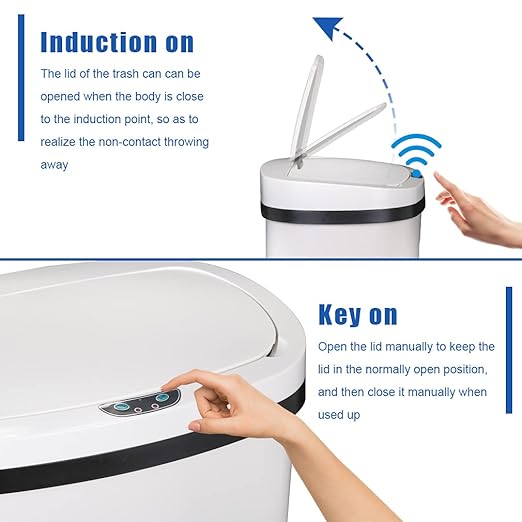 Kitchen Trash Can Office Bathroom Bedroom Waste Bin with Lid Automatic Sensor Touch Free Stainless Steel Garbage Can 13 Gallon / 50L,White