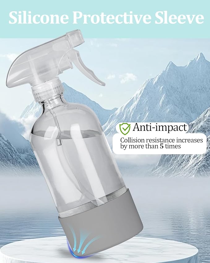 2 Pack 360° Glass Spray Bottles with Silicone Sleeve, 16 oz Empty Refillable Containers with Adjustable Spray Nozzles, Spray Bottles for Hair, Cleaning Solutions and Plants Grey&Blue
