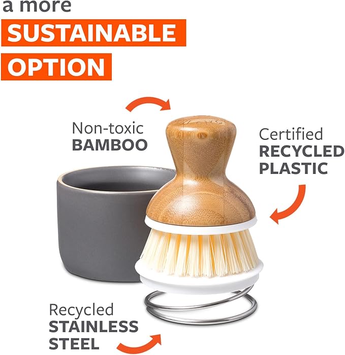 Full Circle Bubble Up Bamboo Dish Brush & Ceramic Soap Dispenser – [Bamboo Coating] Family Safe, Formaldehyde-Free – Kitchen Scrub Brush for Dishes, Nonstick & Cast Iron, Gray
