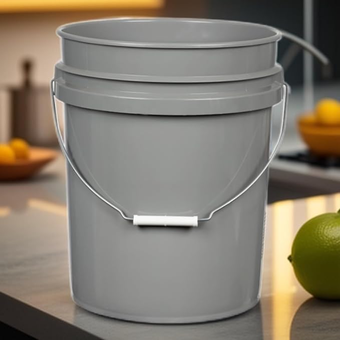 House Naturals 5 Gallon Food Grade BPA Free Made in USA Pails Gray Bucket with Screw On Air Tight Lid (2, Gray with Blue lids)