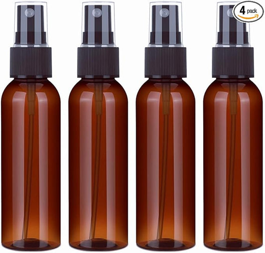 SINIDE Plastic Spray Bottles 100 ml/3.4 oz, Amber Fine Mist Mini Travel Bottle Set, Portable Refillable Makeup Sprayer Containers for Perfume, Liquids, Aromatherapy, Cleaning Solution (4 Pack)