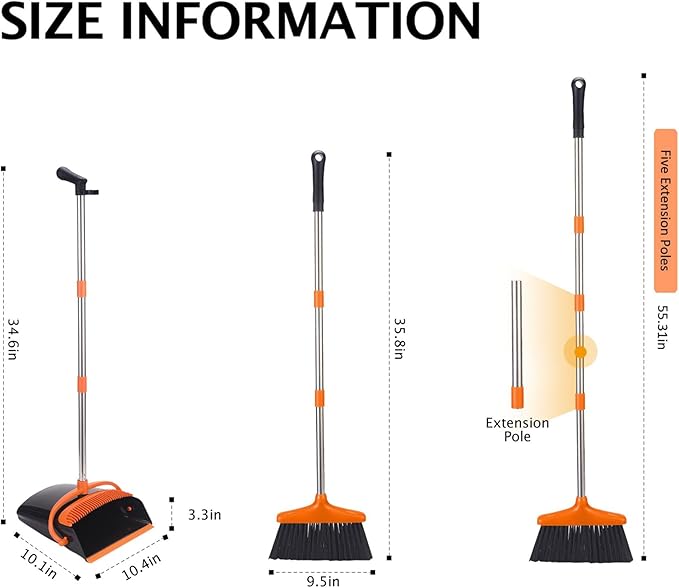 XXFLOWER Broom and Dustpan Set with Long Handle, Light Weight Stainless Steel Poles Stand Upright Dustpans with Broom Combo for Home Kitchen Office Pet Dog Hair, Black & Orange Color, 1-Pack