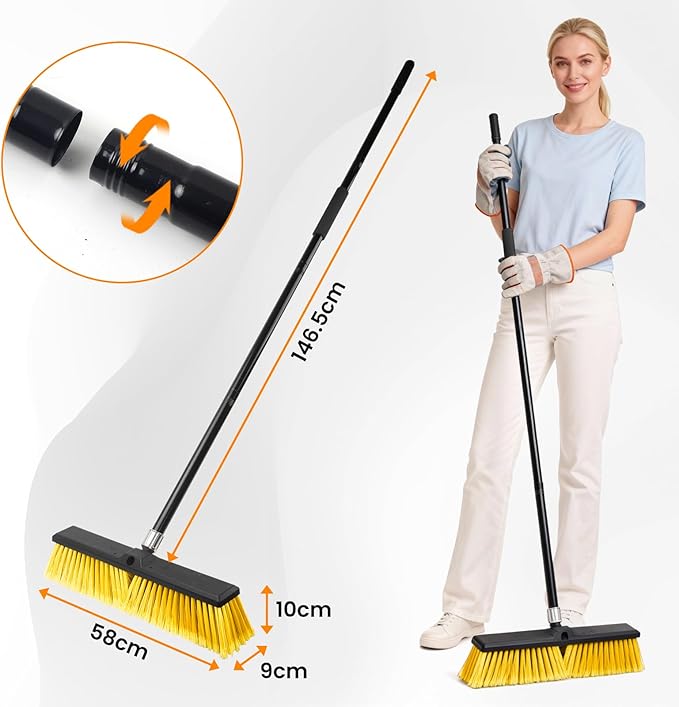 TOMAIX 18 Inches Push Broom Outdoor，Commercial Broom Brush，Stiff Bristle Brush with 61.8 inches Long Handle for Patio Garage Deck Street Shop Warehouse Lawn Driveway -2 Pack