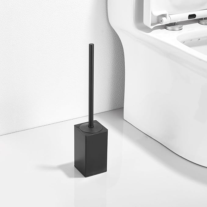 LSWYYP Toilet Brush and Holder, Stainless Steel Square Toilet Bowl Brush Freestanding with Lid,Toilet Cleaner Brush Set for Bathroom Storage,Black