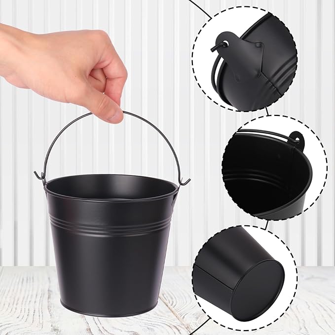 18 Pack 4 Inch Black Mini Metal Bucket, Elegant Galvanized Buckets with Handles, Tin Buckets, Small Iron Bucket, Mini Metal Pail for Party Favors, Crafts, Garden & Beach