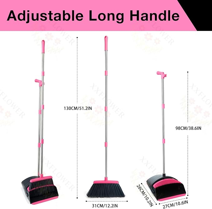 XXFLOWER Broom and Dustpan Set, Long Handle Lightweight Dustpans with Broom Combo for Home, Indoor&Outdoor Sweeping for Home Room Kitchen Office Lobby (Black Pink)