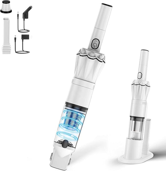 HIKALION Handheld Vacuum Cordless 25000PA, Super Lightweight 1lb with Powerful Suction, Charging Dock, Car Charger, Single Touch Empty and Detachable Dust Cup, Portable Mini Car Vac, White