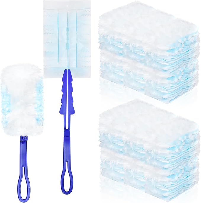 Elesunory 100 Pcs Duster Refills Bulk, Thickened Duster Refill Electrostatic Duster Head, Duster Refills for Cleaning with 4 Handles, Disposable Duster Refills for Cleaning Blinds, Ceiling Fans(Blue)