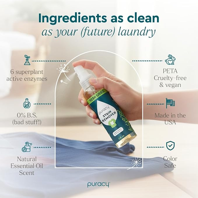 Puracy Stain Remover Spray, Natural Travel and Laundry Stain Cleaner for Clothes, Baby & Kids Stains, Oil & Fabric Spot Cleaner (Unscented, 4 oz, 2 Pack)