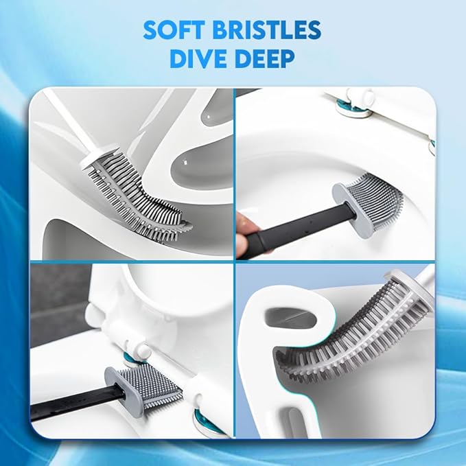 Toilet Brush Silicone and Holder Set – Pack of 4 Wall Mounted Toilet Brush Black – Long Non-Slip Handle, Flexible Bristles for Easy Cleaning – Modern Toilet Scrubber Brush