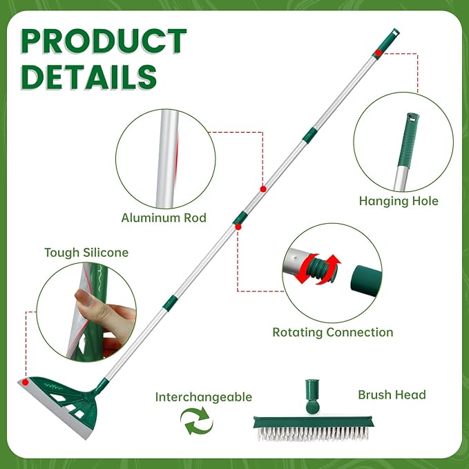 Magic Air Broom, Squeegee Broom for Floor Cleaning, Multifunctional Floor Squeegee with Aluminum Adjustable Handle, 60’’ Magic Silicone Broom for Glass, Fine Dust, Pet Hair, Liquids (Green)
