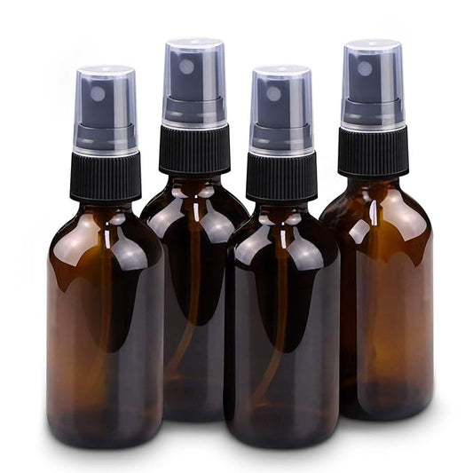 Wedama 4 oz Mini Glass Spray Bottles, Empty Small Spray Bottles with Funnel Dropper, Fine Mist for Hair, Travel, Plants, Cleaning Solutions and Skin Care (4 Pack Amber)