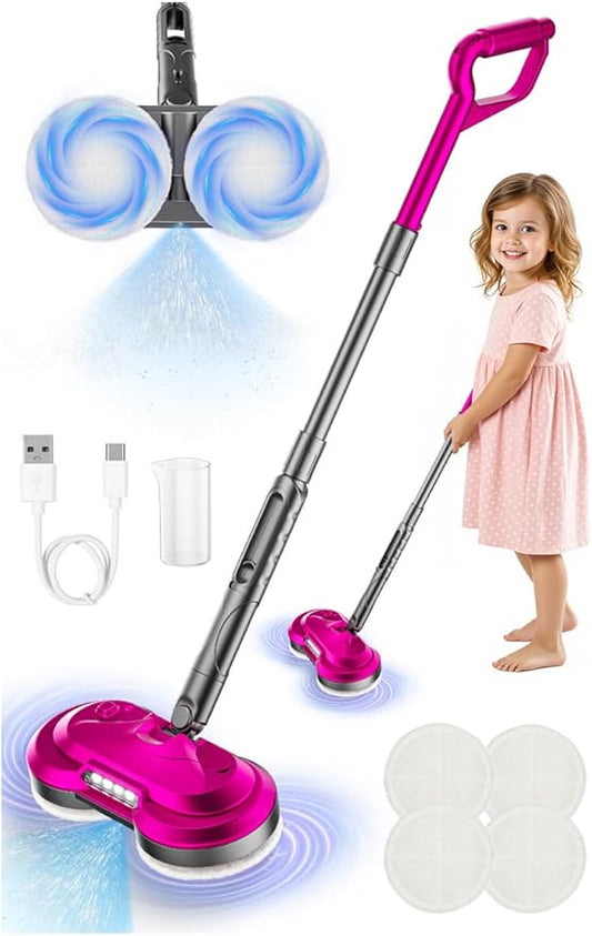 BLAXTEM Kids Electric Spray Spin Mop Toy, Rechargeable Cordless Electric Mop W/Water Sprayer & LED Headlight for Children Ages 3 4 5 6+ Boys & Girls, Cleaning Toy for Pretend Play (Rose Red)