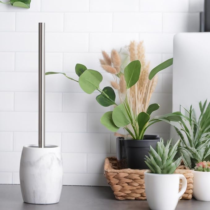 Toilet Bowl Brush and Holder with Stainless Steel Long Handle, Toilet Scrubber Brush with Durable Base, 360° Deep Cleaning Bristles for Bathroom, Compact Set for Small Space (White)