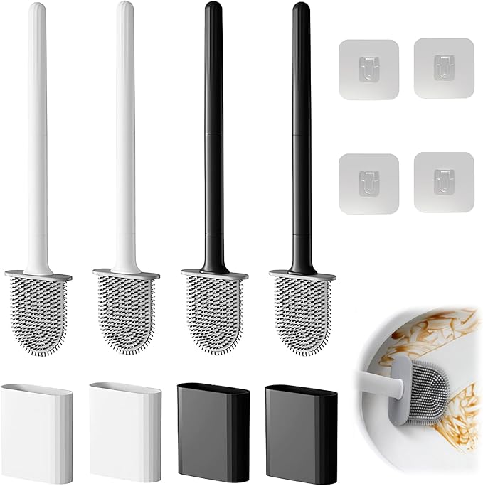 Toilet Bowl Brush and Holder Set, Flexible Silicone Bristles with Detachable Handle, Compact RV and Bathroom Toilet Brush (2 Black 2 White)