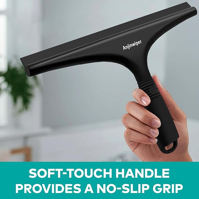 Anjinwiper All-Purpose Shower Squeegee for Glass Doors with Hook, Silicone Squeegee for Shower Glass, Shower Doors, Windows, Bathroom, Mirrors and Tiles（10 inch, Black）