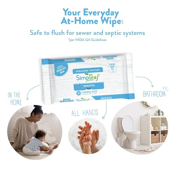 Simpleaf Flushable Wet Wipes Unscented | Plastic Free, Paraben & Alcohol Free | Hypoallergenic & Safe for Sensitive Skin | Soothing Aloe Formula | Adult Toilet Wipes (12 x 50 Counts Pack) 600 Counts