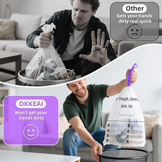 OKKEAI (2.6 Gallon) 3 Gallon Small Trash Bags with Drawstring, 64 Count Printed Bathroom Garbage Bags – Leak-Proof Tear-Resistant Wastebasket Liners for Bathroom, Kitchen, Office