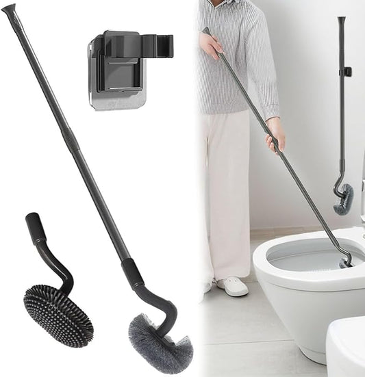 Wall Mounted Long Handle Toilet Brush Set with Holder and 2 Brush Heads Silicone and Stiff Bristle Toilet Bowl Scrubber Bathroom Brush Cleaning Tool for Home
