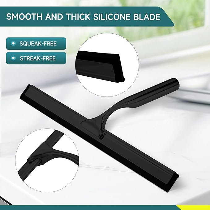 2 Pack All-Purpose Stainless Steel Shower Squeegee with 2 Adhesive Hooks, for Shower Doors, Bathroom, Window, Mirror, Glass, Tile Wall, Car Windshield Cleaning Tool, 10 Inch, (Black)