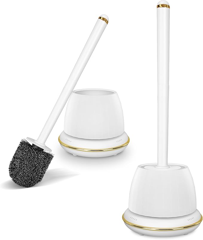 Gold Toilet Brush and Holder Set 2 Pack,Toilet Bowl Brush with Long Handle, Easy to Assemble of Compact Toilet Scrubber, Gold Bathroom Accessories. 2U