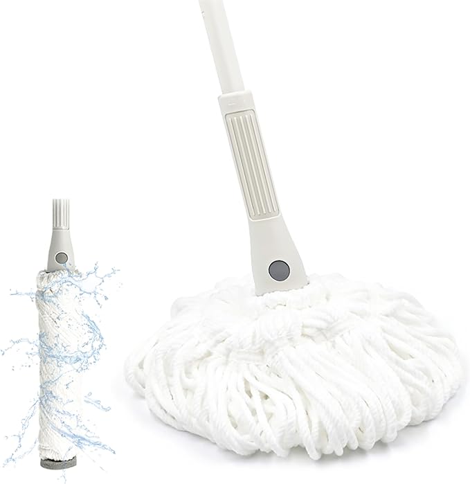 TRENNCHI Self Wringing Mop for Floor Cleaning with 2 Reusable Heads, Easy Wringing Twist Mop with 55 Inches Long Handle and Top Scouring Pad, Wet and Dry Mops