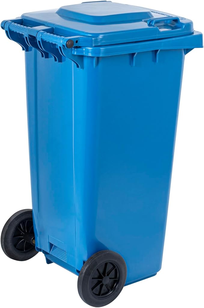Clean Tek Professional 32 Gallon Trash Can With Wheels, 1 Garbage Can With Lid - Step-On Attachment Sold Separately, Rectangle, Blue Plastic Dustbin, Long-Lasting, For Outdoor - Restaurantware