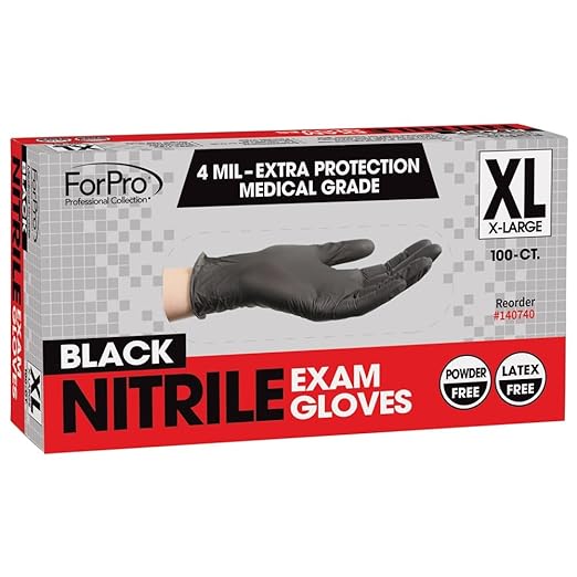 ForPro Disposable Nitrile Exam Gloves, Medical Grade, 4 Mil Extra Protection, Powder-Free, Latex-Free, Non-Sterile, Food Safe, Black, X-Large, 100-Count