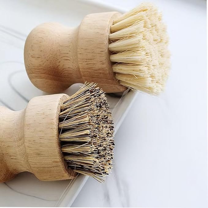 Wooden Dish Brush Set Clean Pots Bamboo Dish Brush - 1 Long Handle Dish Brush and 2 Palm Scrubbing Brush Scrub Brush for Pots, Pans & Dishes,Plastic Free Washing Up, Zero Waste Cleaning (3 Pack)
