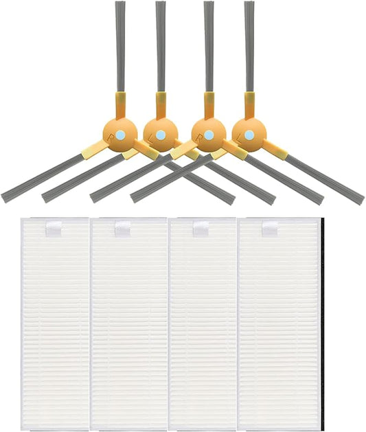 Replacement Parts Compatible with Tesvor S6 X500 X520 X600 Pro M1 Robot Vacuum Cleaner Accessories, 4 HEPA Filters 4 Side Brushes