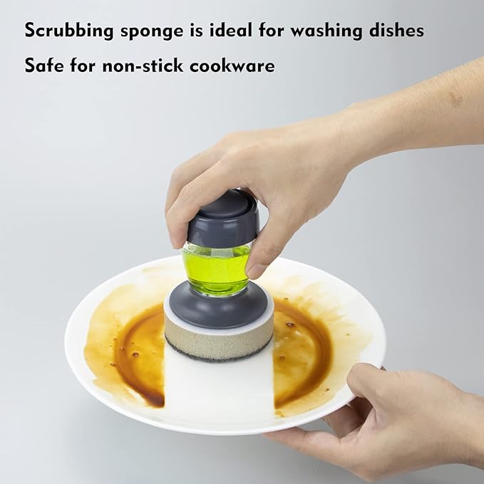 Dish Brush with Soap Dispenser, Kitchen Scrub Brush for Dishes Pots Pans Sink Cleaning, Dish Scrubber with Holder Set (Grey 2-Pack Combo Set)