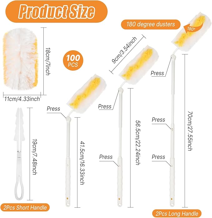 Elesunory 100 Pcs Duster Refills Bulk, Thickened Duster Refill Electrostatic Duster Head, Duster Refills for Cleaning with 2 Long Handles, 2 Short Handles, Disposable Duster Refills for Blinds(Yellow)