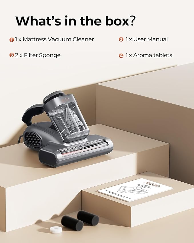 JIGOO J300 Pro Matture Vacuum Cleaner with 14Kpa 550W Powerful Suction, Infrared, UV & Heating Tech for Deep Cleaning, Anti-Allergen Bed Vacuum with Dust Sensor & Plant Fragrance for Bed, Sofa, Crib.