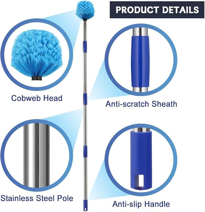 Extended Reach Cobweb Duster with 8-Foot Pole - Medium Bristle Brush for Ceiling, Wall, and Indoor/Outdoor Cleaning, Lightweight Stainless Steel (10FT)