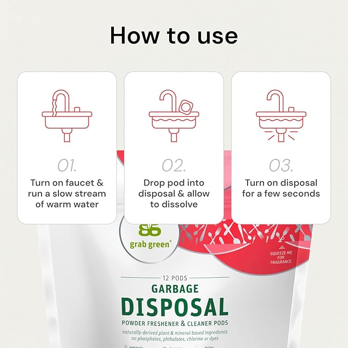 Grab Green Garbage Disposal Freshener and Cleaner Pods, 12 Count, Tangerine with Lemongrass Scent, Plant and Mineral Based, Removes Odors, Loosens Grime, Prevents Clogging