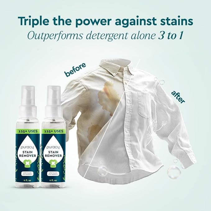 Puracy Stain Remover Spray, Natural Travel and Laundry Stain Cleaner for Clothes, Baby & Kids Stains, Oil & Fabric Spot Cleaner (Unscented, 4 oz, 2 Pack)