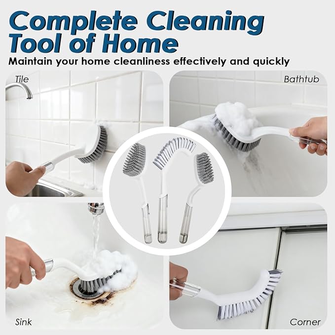 QUIVIX 3 Pack Heavy Duty Bathroom Scrub Brush with Long Handle, Stiff Bristles Grout Brush, Scrub Brushes for Cleaning Bathroom, Shower, Tile, Tub, Carpet, Kitchen, Sink (Crystal Gray)