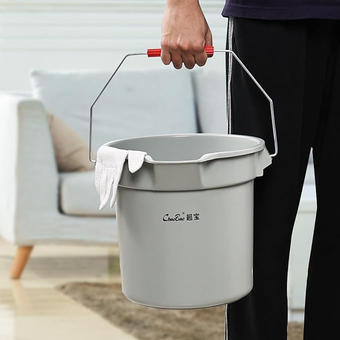 14 Quart / 3.5 Gallon Round Plastic Cleaning Bucket with Handle, Commercial, Heavy Duty, Gray, 4 Packs