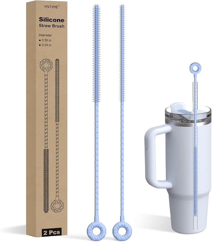 YOTIME Silicone Straw Cleaner Brush, 2 Pcs Reusable Straw Brush(6mm+9mm) for Cleaning Narrow & Wide Straws, Tumblers, Blue