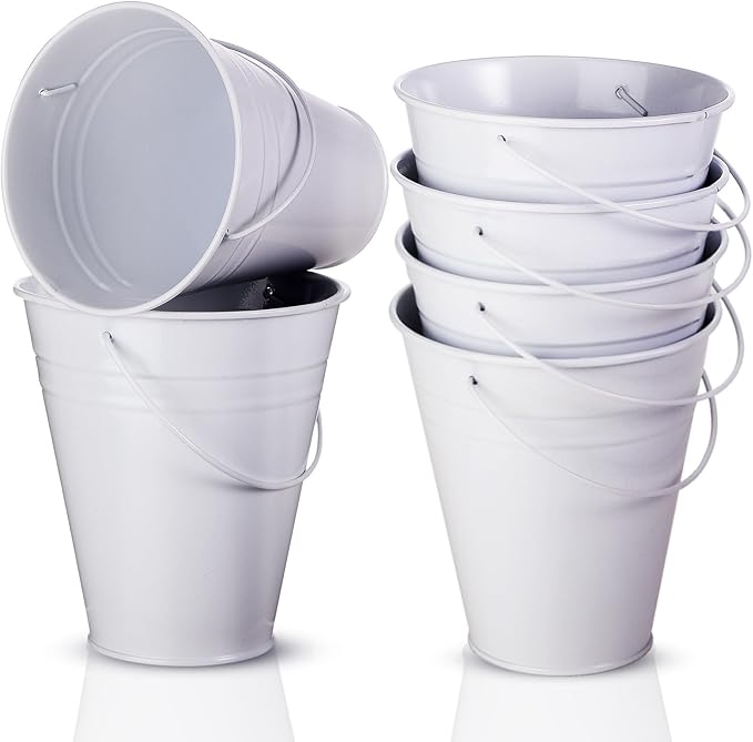Sadnyy 6 Pack Galvanized Bucket, 5" Metal Bucket with Handles, Metal Buckets and Pails, Kids Party Supplies, Toy Container Table Centerpiece Decoration(White)