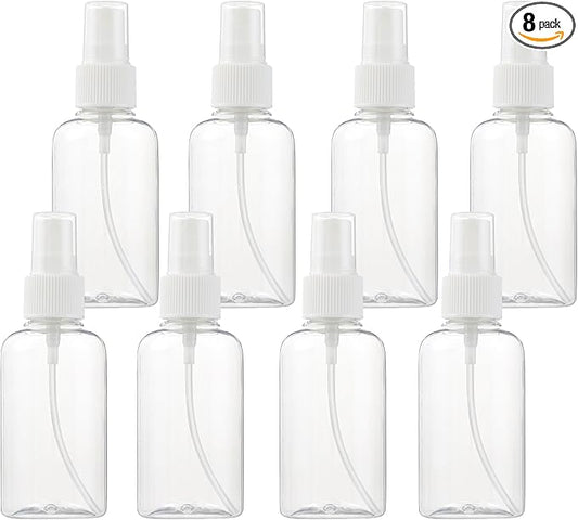 SINIDE Plastic Spray Bottles 75 ML - 8 Pack 2.5 oz Fine Mist Clear Travel Bottle Set, Empty Reusable Portable Refillable Makeup Sprayer Containers for Perfume, Liquids, Aromatherapy, Cleaning Solution