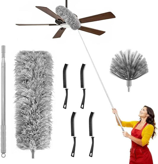 MimAuto 7-in-1 Telescopic Duster Kit with 100-Inch Pole, Microfiber & Cobweb Brush for Ceiling Fans, Blinds, High Cleaning