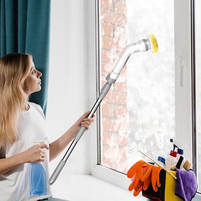 Electric Spin Scrubber, Cordless Bathroom Scrubber Cleaning Brush Cleaner with Adjustable Extension Long Handle, Battery Level Display, 3 Brush Head, 1 Sponge Head