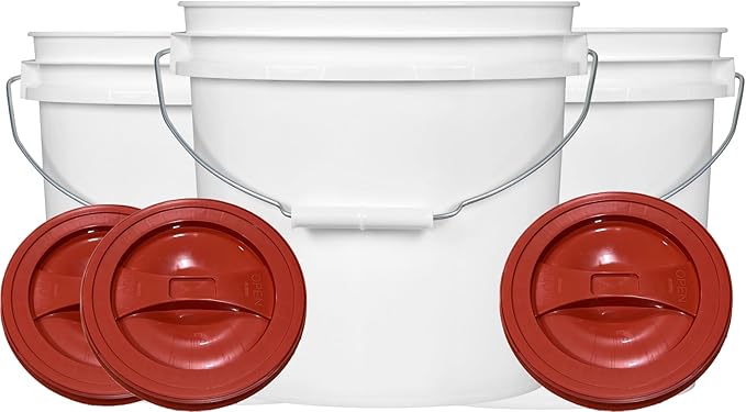 House Naturals 2 Gallon White Bucket with Screw on Lid - Pack of 3 Made in USA contrainers (White Buckets with Red Lids)