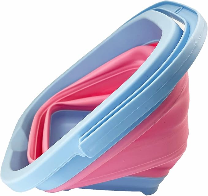SAMMART Collapsible Rectangular Cleaning Bucket 5L (1.3 Gallon)- Foldable Camping Beach Sand Water Pot Pail- Portable Space Saving Tub for Household, Outdoor Washing (Cool Blue/Maglia Rosa (Set of 2))