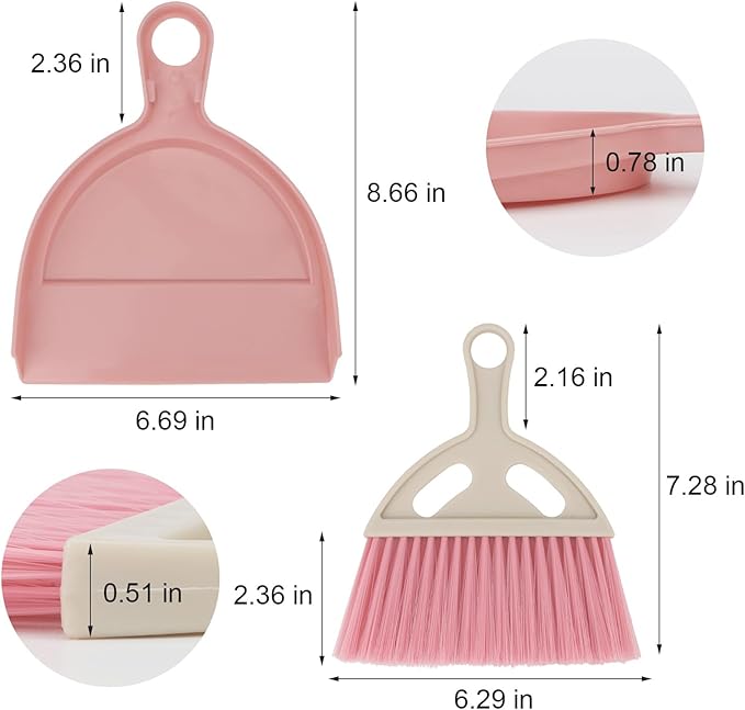 Brosay Mini Dustpan and Brush Set Portable Small Broom with Dust Pan Handheld Hangable Whisk Broom and Dust Pan for Home, Kitchen, Table, Office, Car 1 Pcs (Pink)